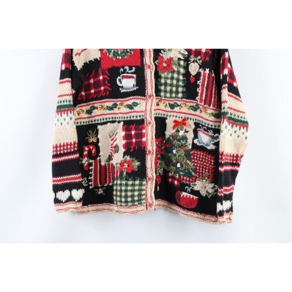 Vintage Y2K 2000 Womens Small Checkered Christmas Knit Button Cardigan Sweater - Picture 3 of 10